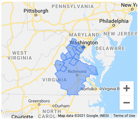 map of virginia delivery area for firewood LLAMAWOOD